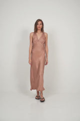 Front view of LILYA Feather Slip Dress in rose bisque