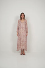 Detail of neckline and 3/4 sleeves on LILYA Verbena Dress in soft chiffon