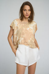 Boxy fit silhouette of Pura Vida Tee in Earth Tie Dye