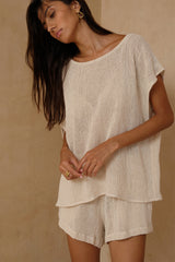 Woman wearing Natural cotton mesh tank top with relaxed boxy shape