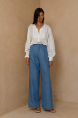 Soft cotton chambray trousers with high waist and relaxed silhouette