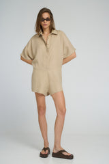 Detail of the neckline, sleeves, and buttons on the playsuit