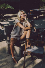 Model wears knitted Casava top with matching Aura Shorts as resortwear