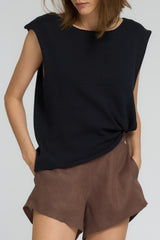 Close-up of asymmetrical neckline on Casava Top