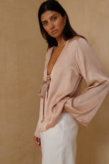 Antique Rose satin blouse with soft drape and relaxed feminine silhouette