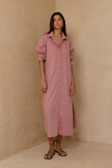 Pink and yellow striped cotton shirt dress with classic collar