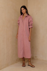 Relaxed striped midi dress with button-through front