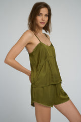 Side view of Tierra Shorts in Olive colourway
