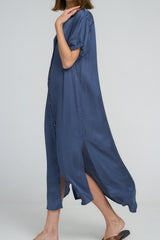 Relaxed fit ocean blue maxi dress with a silky feel, perfect for day-to-night styling