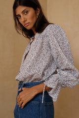 Provence Floral blouse with romantic frill sleeves and soft ruffle collar