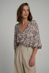A Model Wearing a Blue Floral Cotton Blouse in Australia