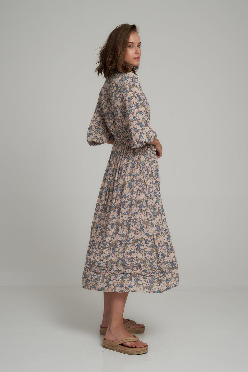 Side View of Blue Floral Midi Dress by LILYA