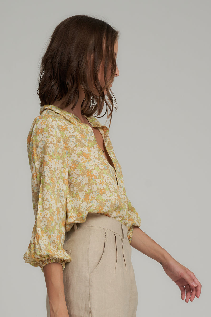 Side View of Yellow Floral Classic Casual Blouse