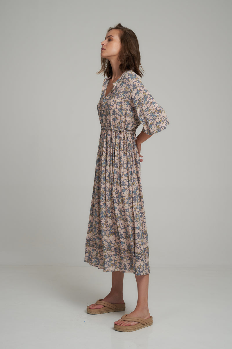 A Model Wearing a Casual Blue Floral Midi Dress