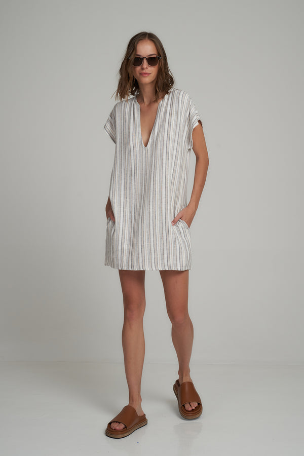 A Model Wearing a Striped Linen Summer Mini Dress in Australia