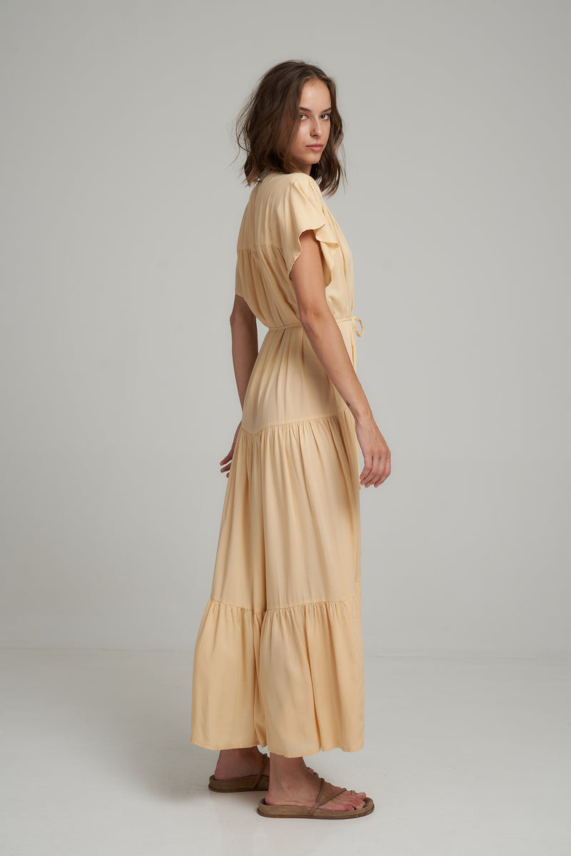 Side View of a Yellow Alka Layered Maxi Shirt Dress for Summer