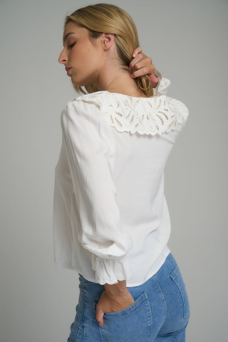 Back view of a white cotton blouse with lace details