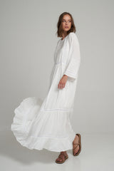 A Model Wearing a White Cotton Maxi Dress for Summer