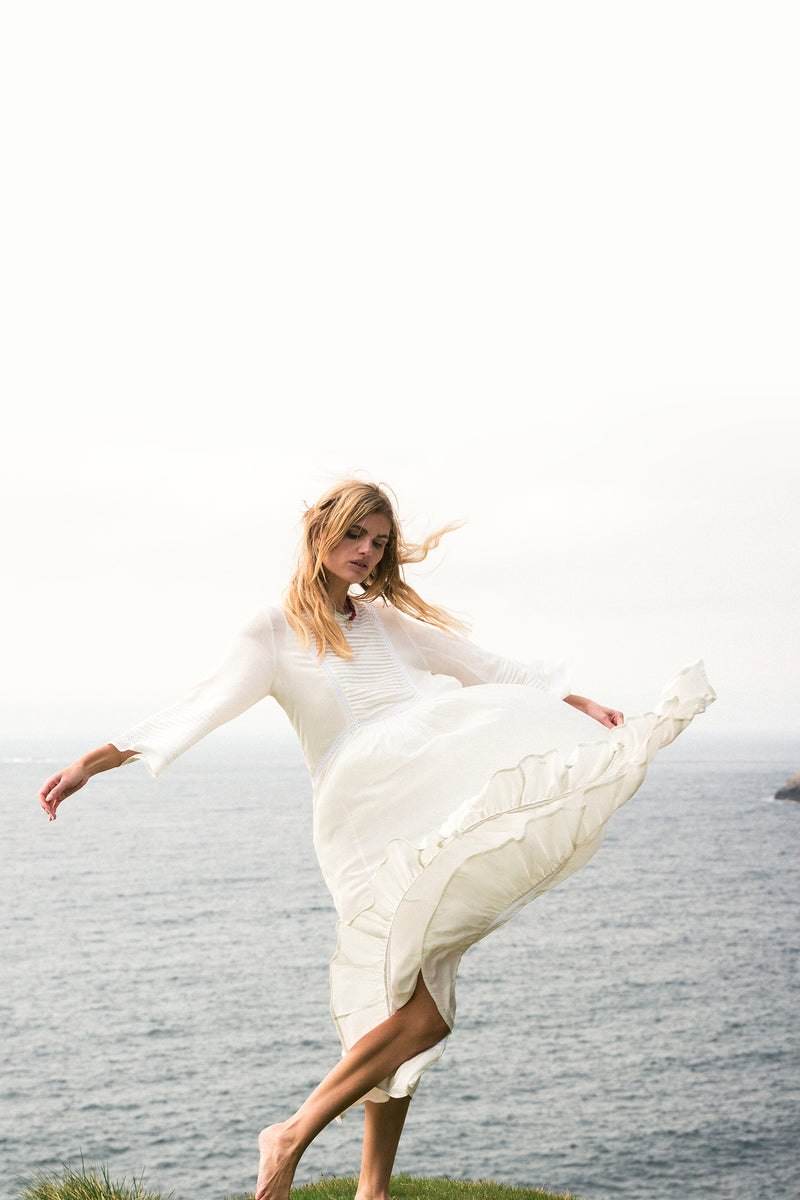A Model Wearing a White Cotton Maxi Dress by LILYA