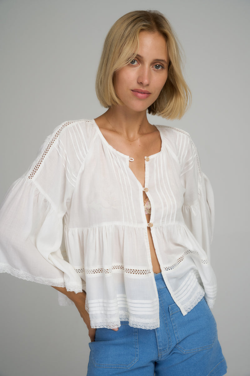 A model wearing a white lace summer blouse