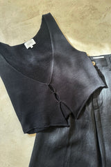 Stylish black knit top with clasp closure and deep v neckline