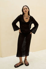 Model wears semi sheer mesh resort midi dress