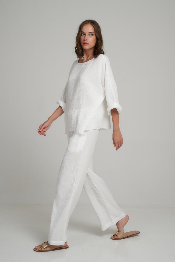 Side View of a White Cotton Lounge Pants for Summer