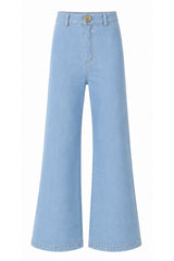 Full-length image of the Chamomile Jean with a highwaist and wide leg fit. 