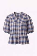 Ghost image of the Gaia Check Top in Blue Plaid featuring a relaxed fit and delicate pintuck detailing.