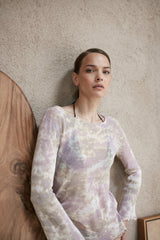 A model wearing a lavender mesh long sleeve tie dye top in Australia