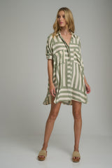 A model wearing a green stripe shirt dress for Summer