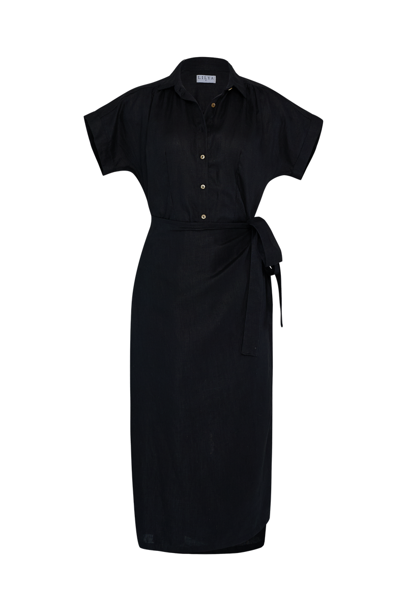 An image of a black cotton wrap dress