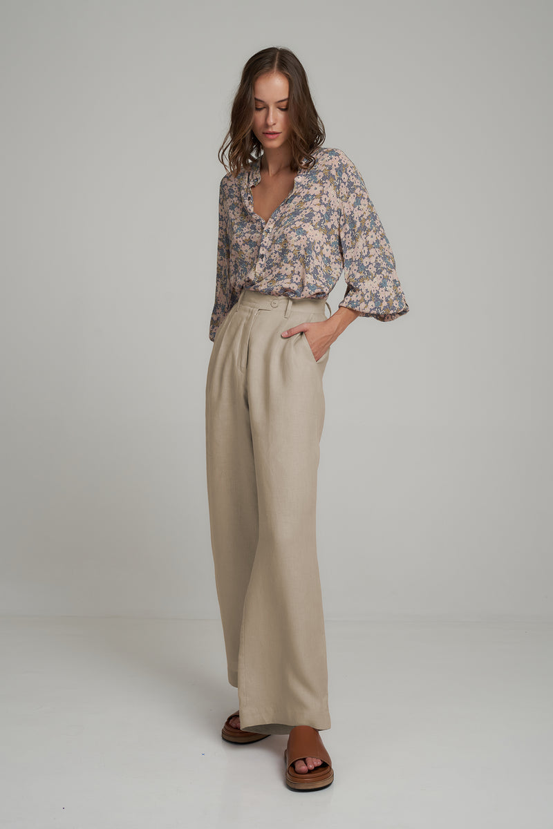 Side View of Natural Linen High Rise Pants