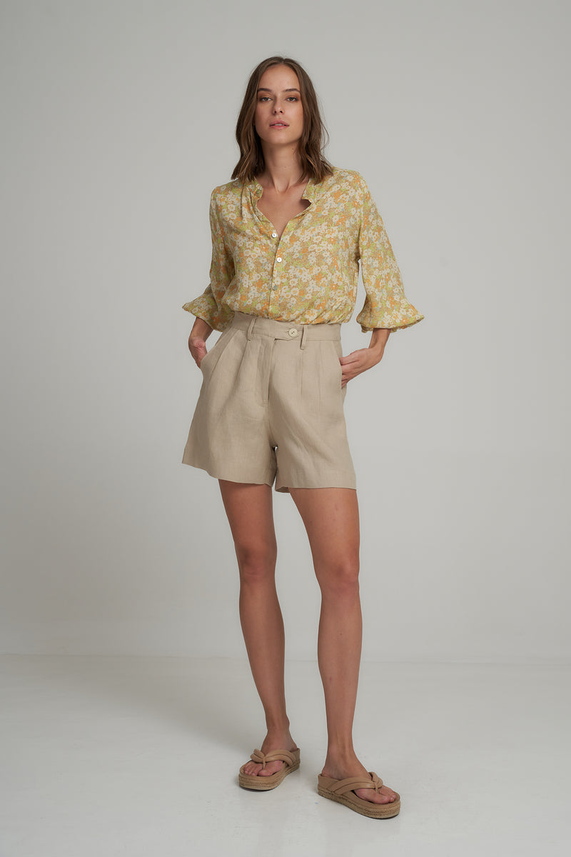 A Model Wearing Natural Linen Shorts for Summer