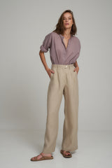 A Model Wearing Natural Linen High Waisted Pants for Work