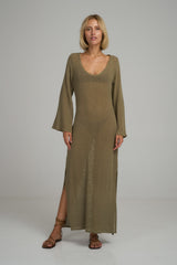 A model wearing a khaki cotton mesh cover up for summer