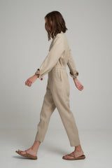 Side View of a Natural Linen Jumpsuit by LILYA