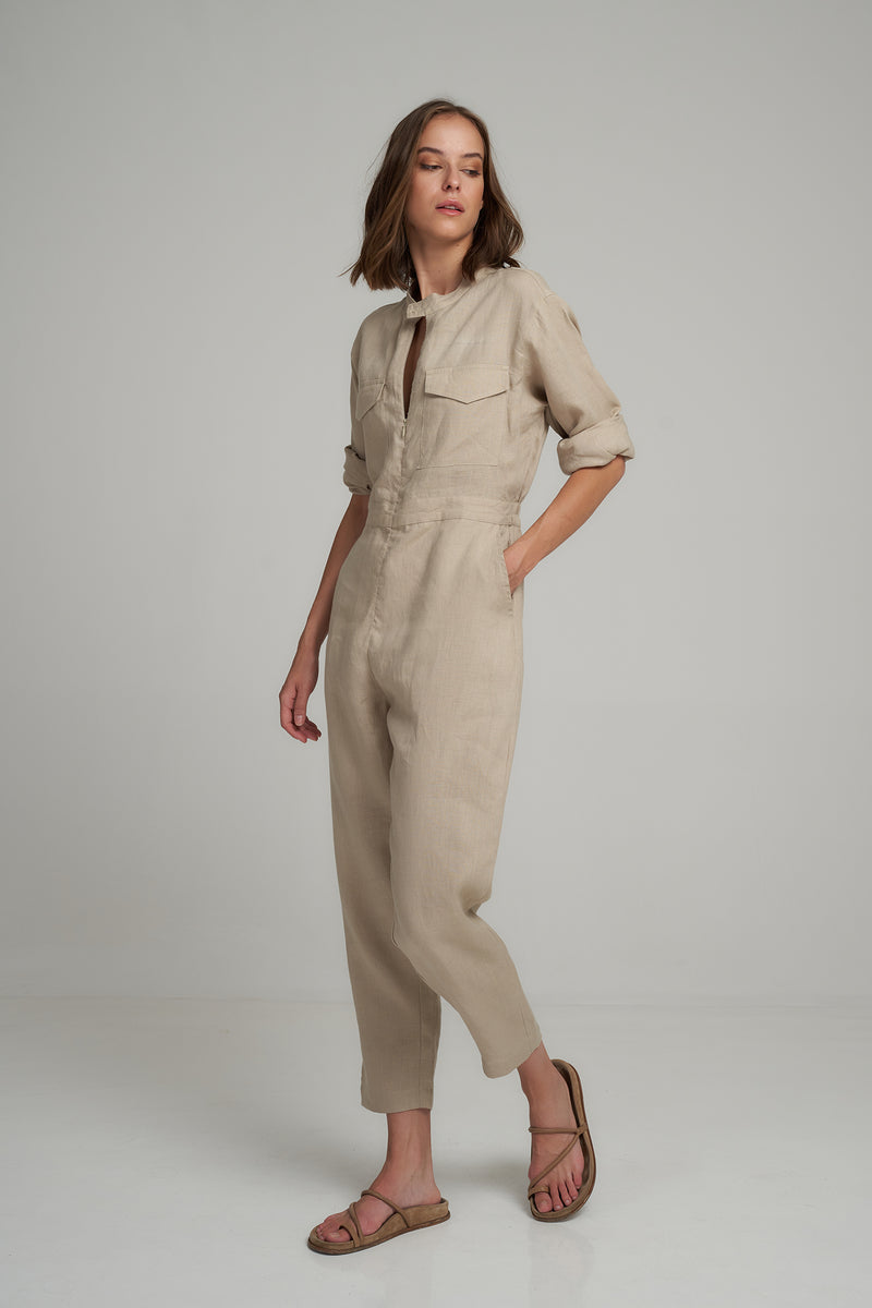 A Woman Wearing a Natural Linen Jumpsuit with Long Sleeves in Australia