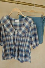 Blue plaid Gaia Check Top with a Peter Pan collar, pintuck detailing and puff sleeves.