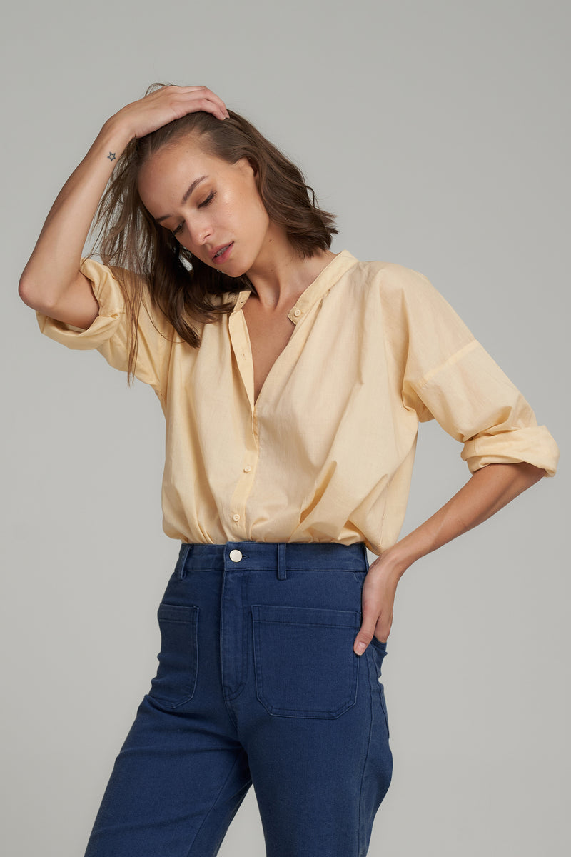 Model Wears a Yellow Cotton Work Shirt by LILYA