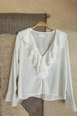 White blouse with frill detail in textured cotton