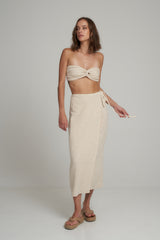A Model Wearing a Natural Cotton Casual Midi Skirt