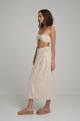 A Model Wearing a Natural Cotton Midi Summer Skirt