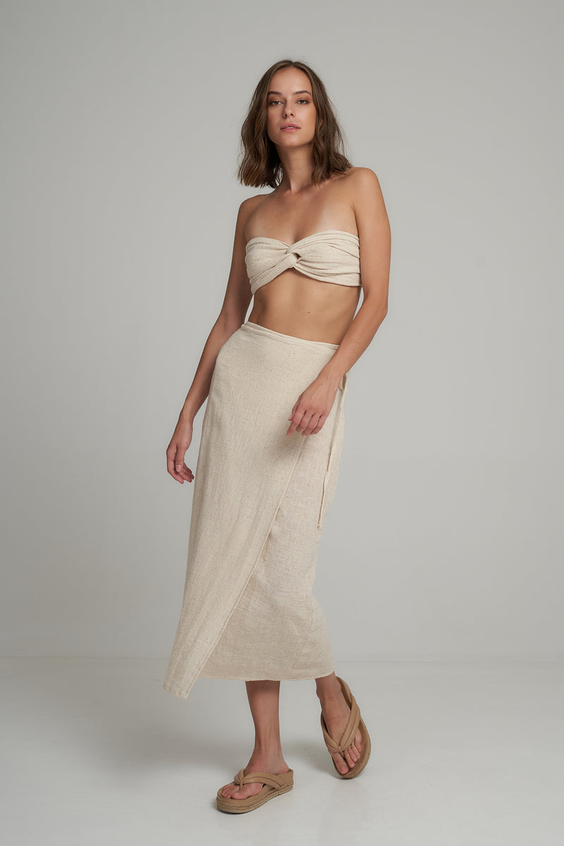 A Woman Wearing a Natural Cotton Wrap Summer Skirt