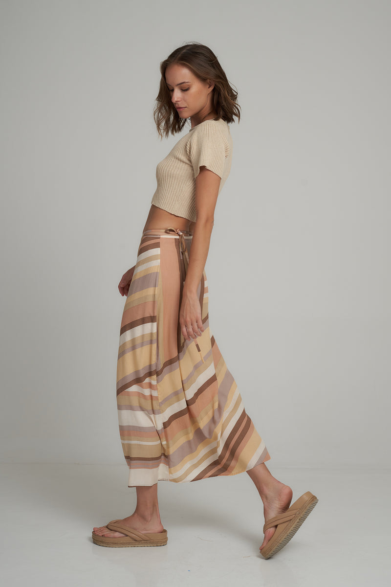 Side View of Natural Stripe Casual Wrap Skirt