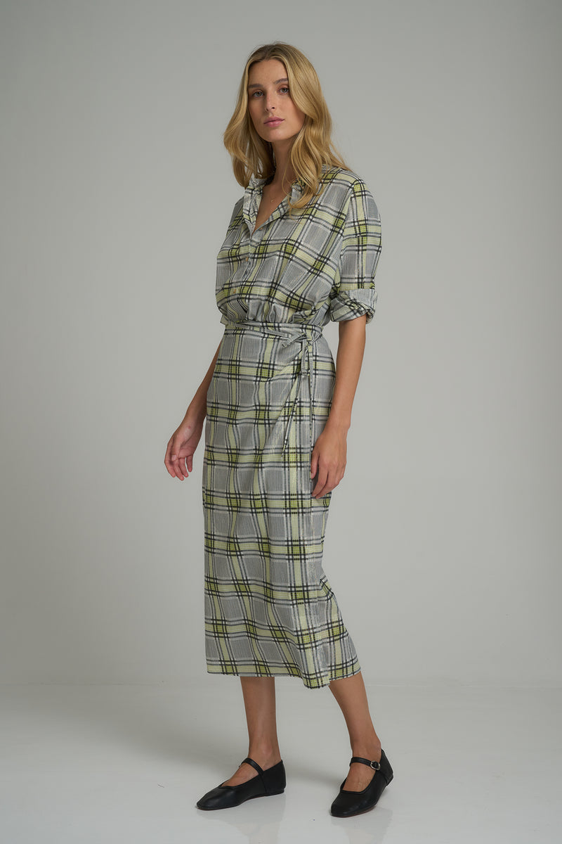 A model wearing a cotton check wrap skirt