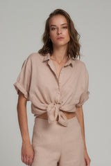 Model Wears a Casual Natural Linen Button Through Classic Blouse