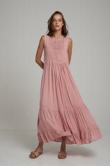 A Woman Wearing a Pink Layered Maxi Dress by LILYA