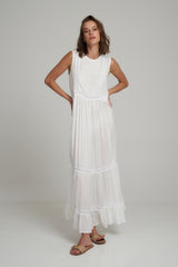A Model Wearing a Sleeveless White cotton Maxi Dress'