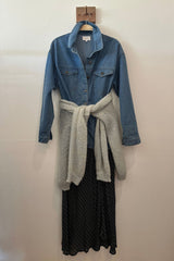 Midi slip skirt in retro print styled with shirt and knit